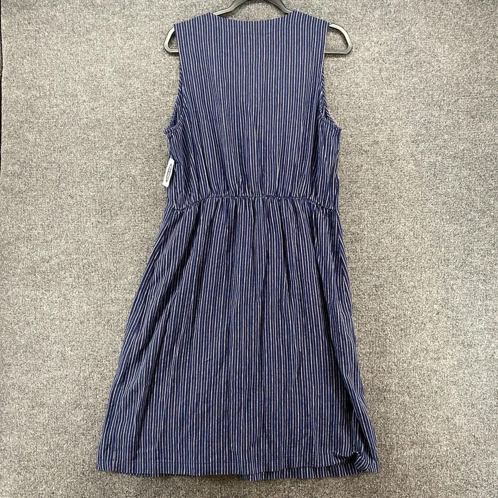 Old Navy Dress Womens L Linen Blend Blue Striped Button Up Sleeveless Boho Ranch